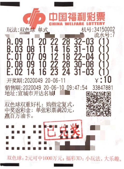 十元机选双色球 幸运拿下一等奖