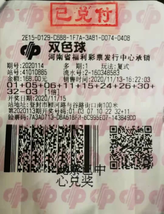 【2020114】登封双色球一等奖1027万