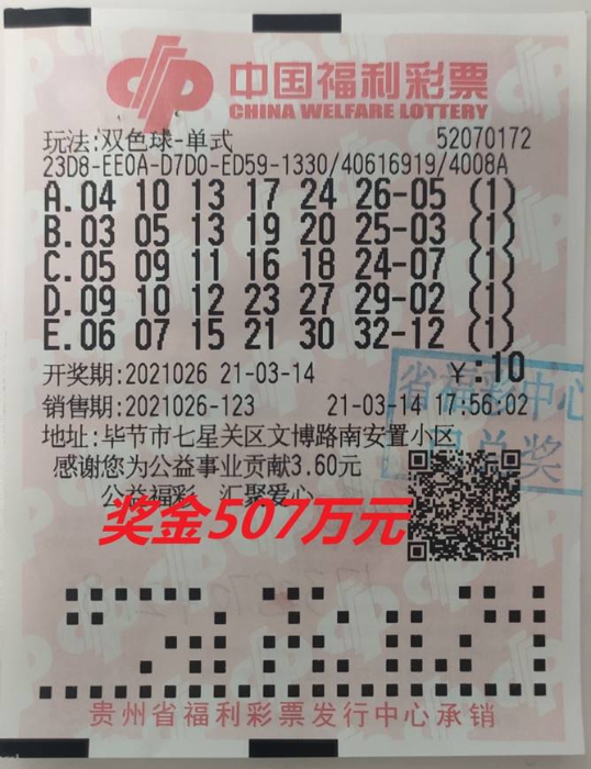 毕节零零后彩民喜获双色球一等奖507万1
